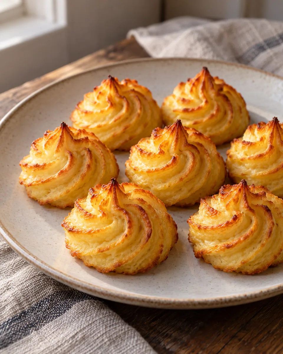 Gespritzte Kartoffelrosetten mit goldbraunen Spitzen