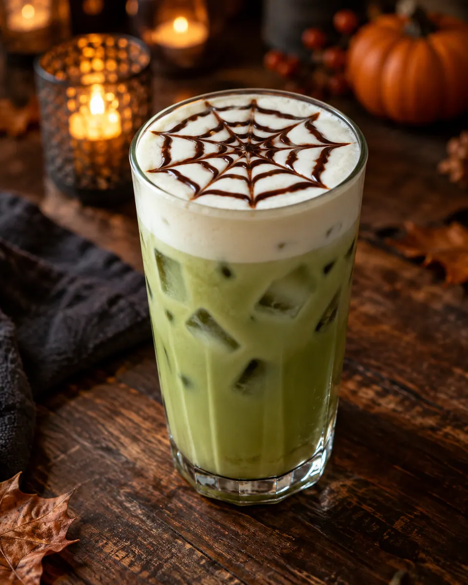 Grüner Matcha-Latte mit Eis im hohen Glas, weißem Milchschaum und einem dunklen Kakao-Spinnennetz