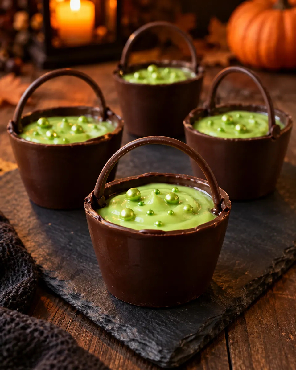 Dunkle essbare Schokobecher mit grünem Vanillepudding, Zuckerperlen und einem gebogenen Schokohenkel