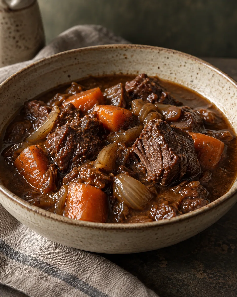 Dunkles Hirschgulasch mit weichen Möhrenstücken und glänzender Sauce