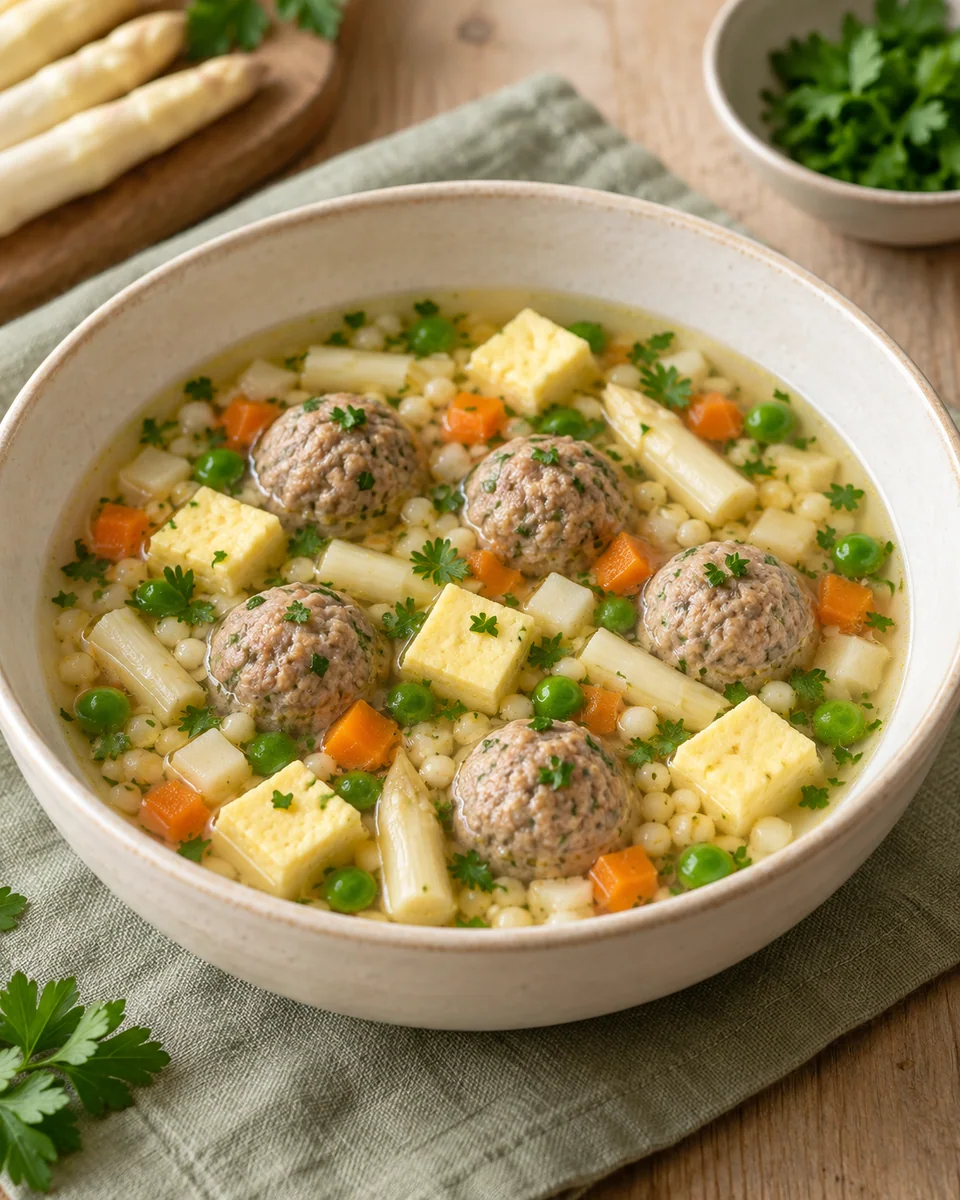 Hochzeitssuppe mit Eierstich und Fleischklößchen – KI-generierte Rezeptillustration