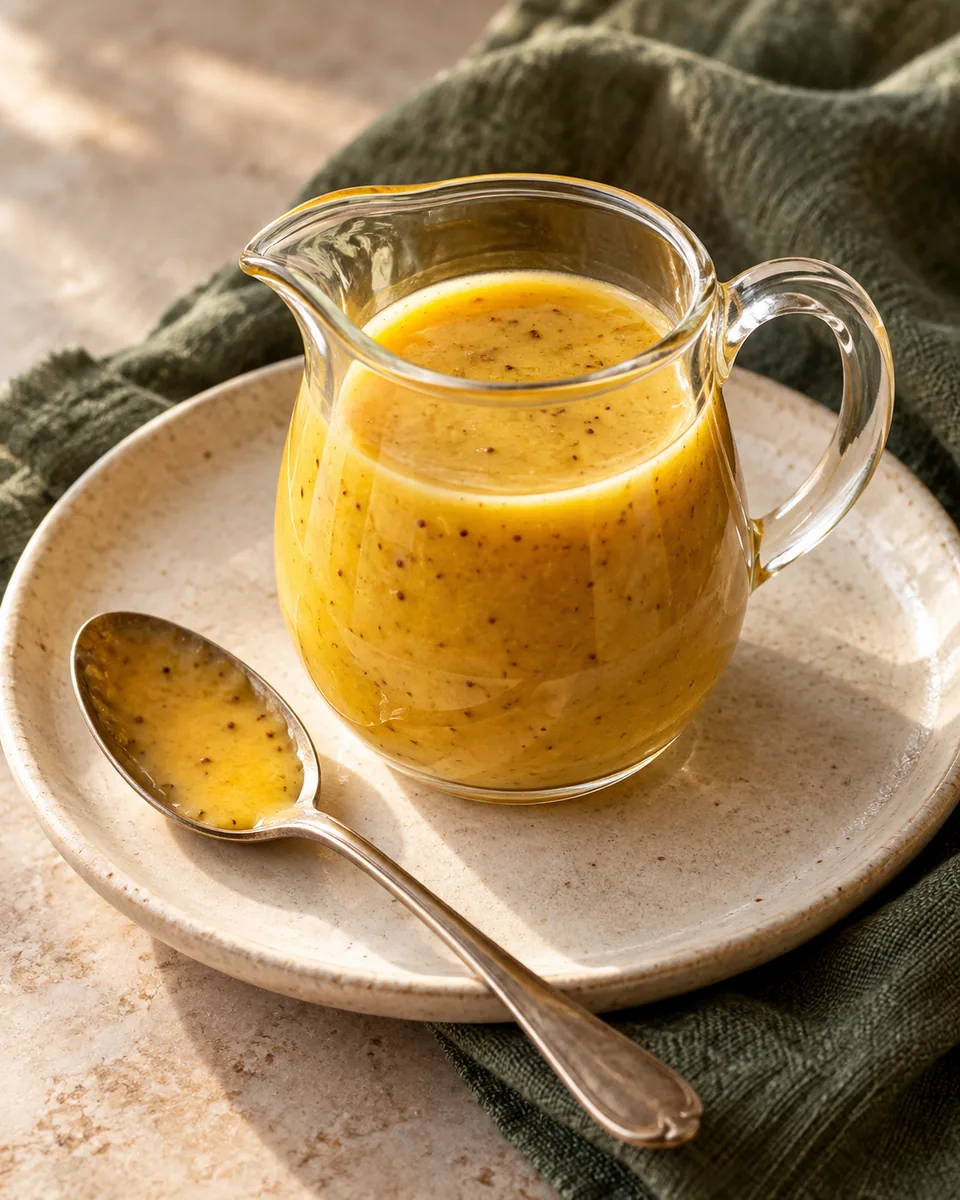 Goldgelbes cremiges Honig-Senf-Dressing in einem kleinen offenen Glas