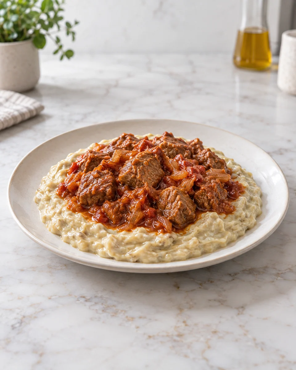 KI-generierte Rezeptdarstellung: Lammragout in Tomatensauce auf hellem, cremigem Auberginenpüree.