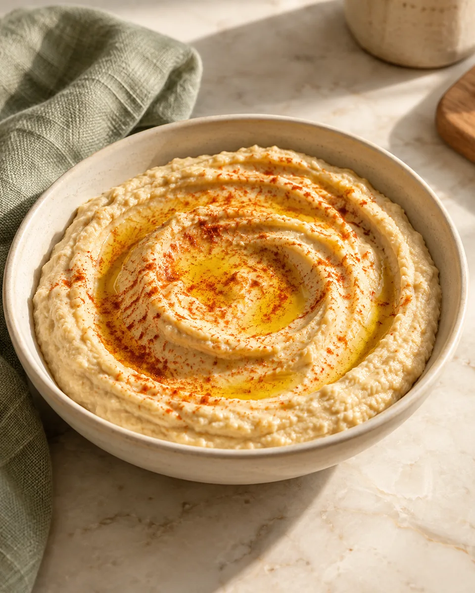 Hummus Grundrezept mit Tahin und Zitrone – appetitlich angerichtete Rezeptillustration