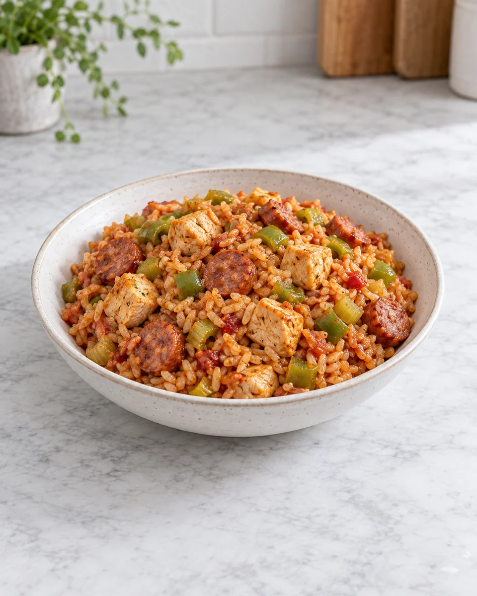 KI-generierte Rezeptdarstellung: Jambalaya mit gelockertem Reis, Hähnchenwürfeln, Cabanossi und Paprika in einer Schüssel.
