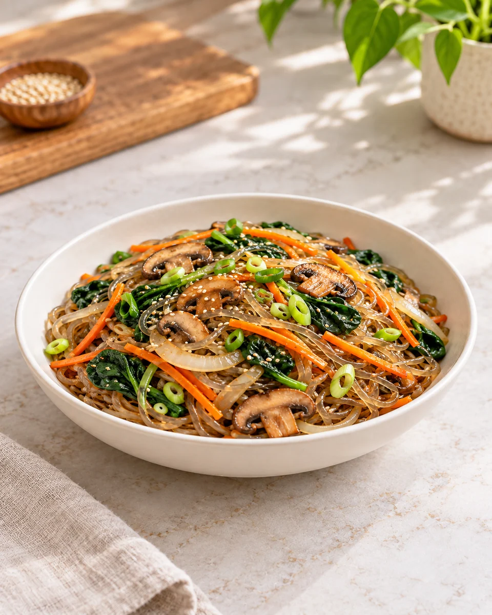 KI-generierte Rezeptdarstellung: Glänzende Dangmyeon-Nudeln mit Pilzen, Möhren, Spinat, Zwiebeln und Sesam in einer Schale.