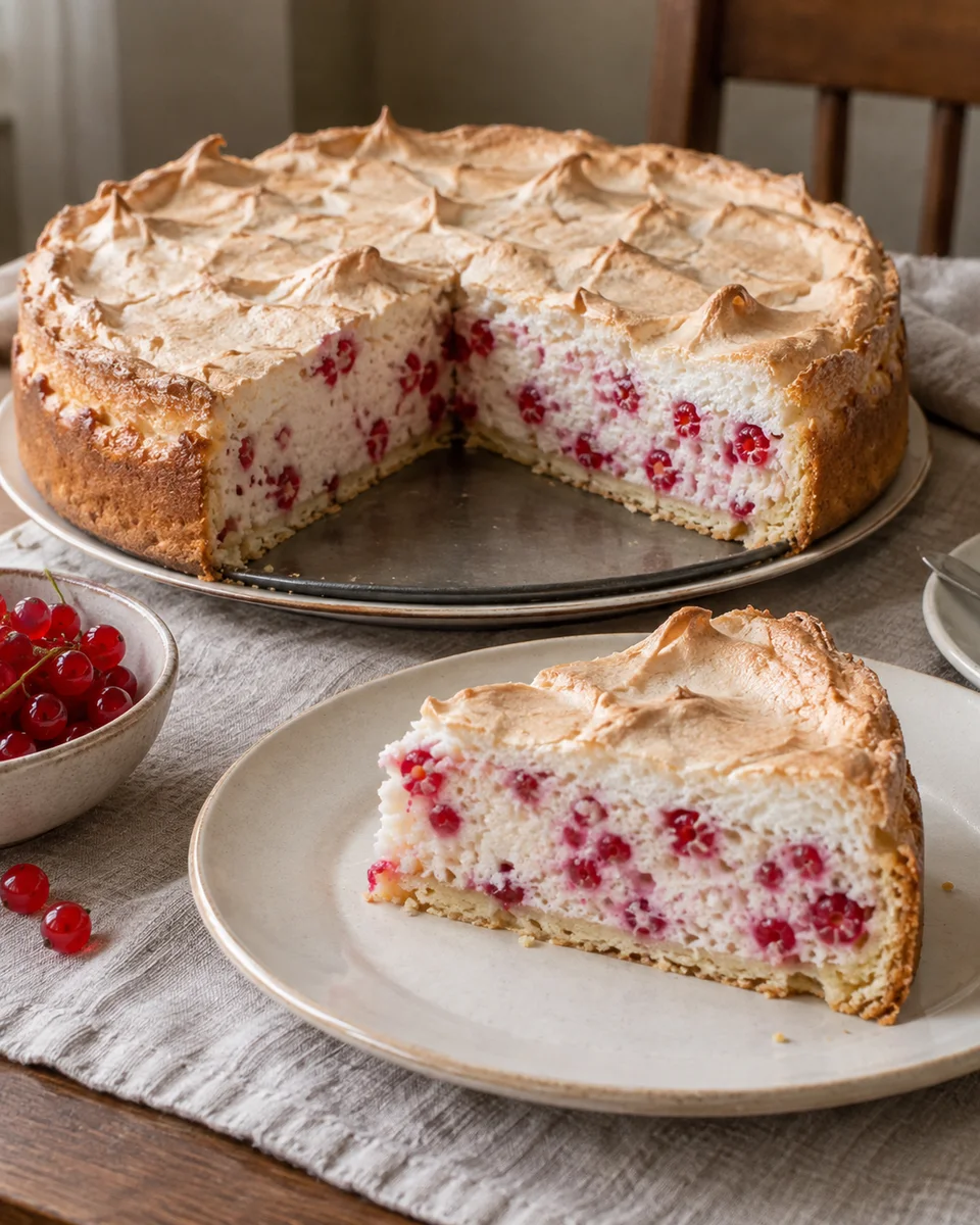 Johannisbeer-Baiser-Kuchen mit knuspriger Haube, als fertiges Gericht angerichtet. KI-generierte Rezeptillustration.