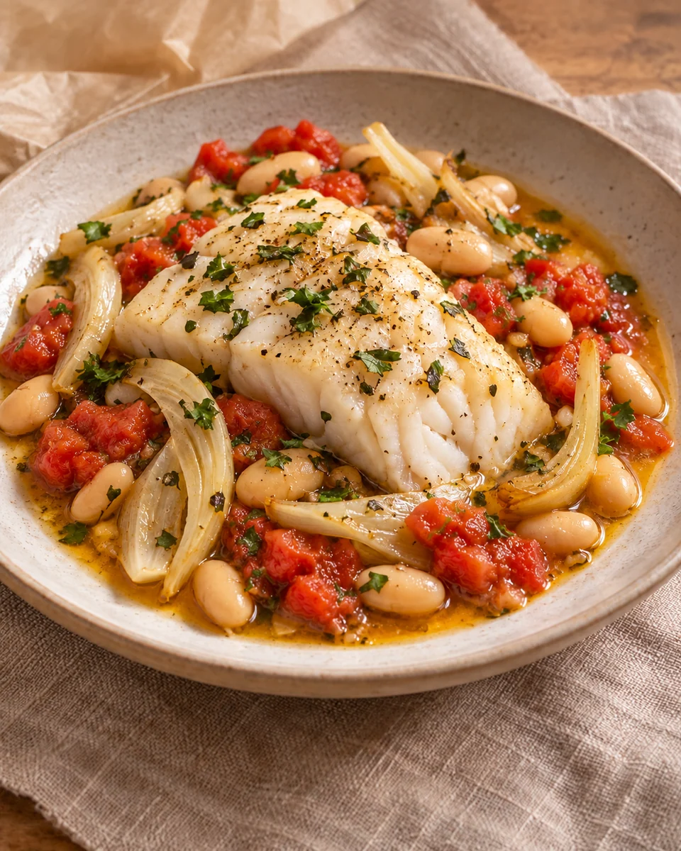 KI-generierte Darstellung: Eine vollständige Portion weißen Kabeljaus mit Fenchel, weißen Bohnen, Tomaten, Petersilie und Päckchensaft