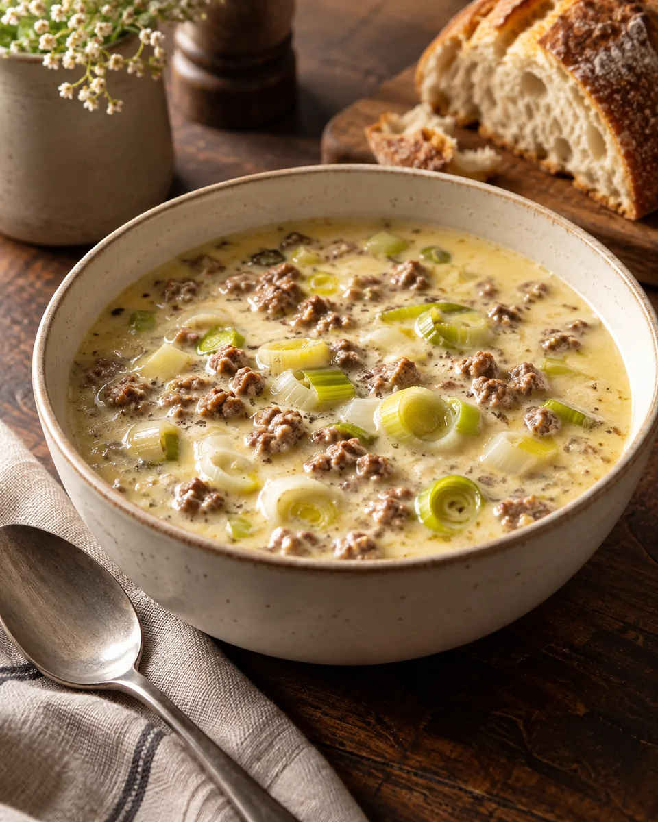 Helle cremige Käse-Lauch-Suppe mit sichtbaren grünen Lauchringen und kleinen Rinderhackkrümeln