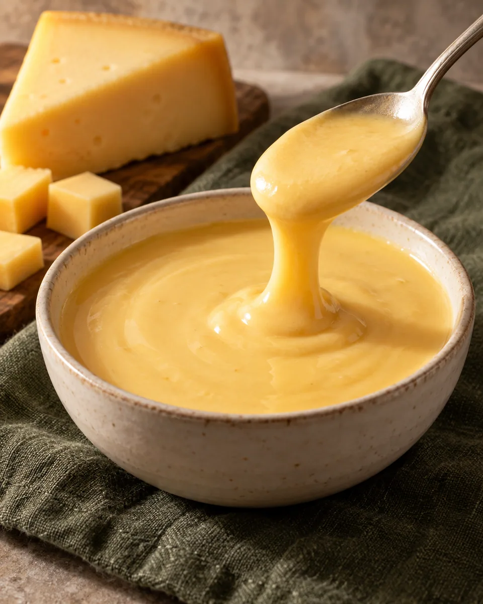 Cremige hellgoldene Käsesauce in einer Schale mit einer Spur auf dem Löffel