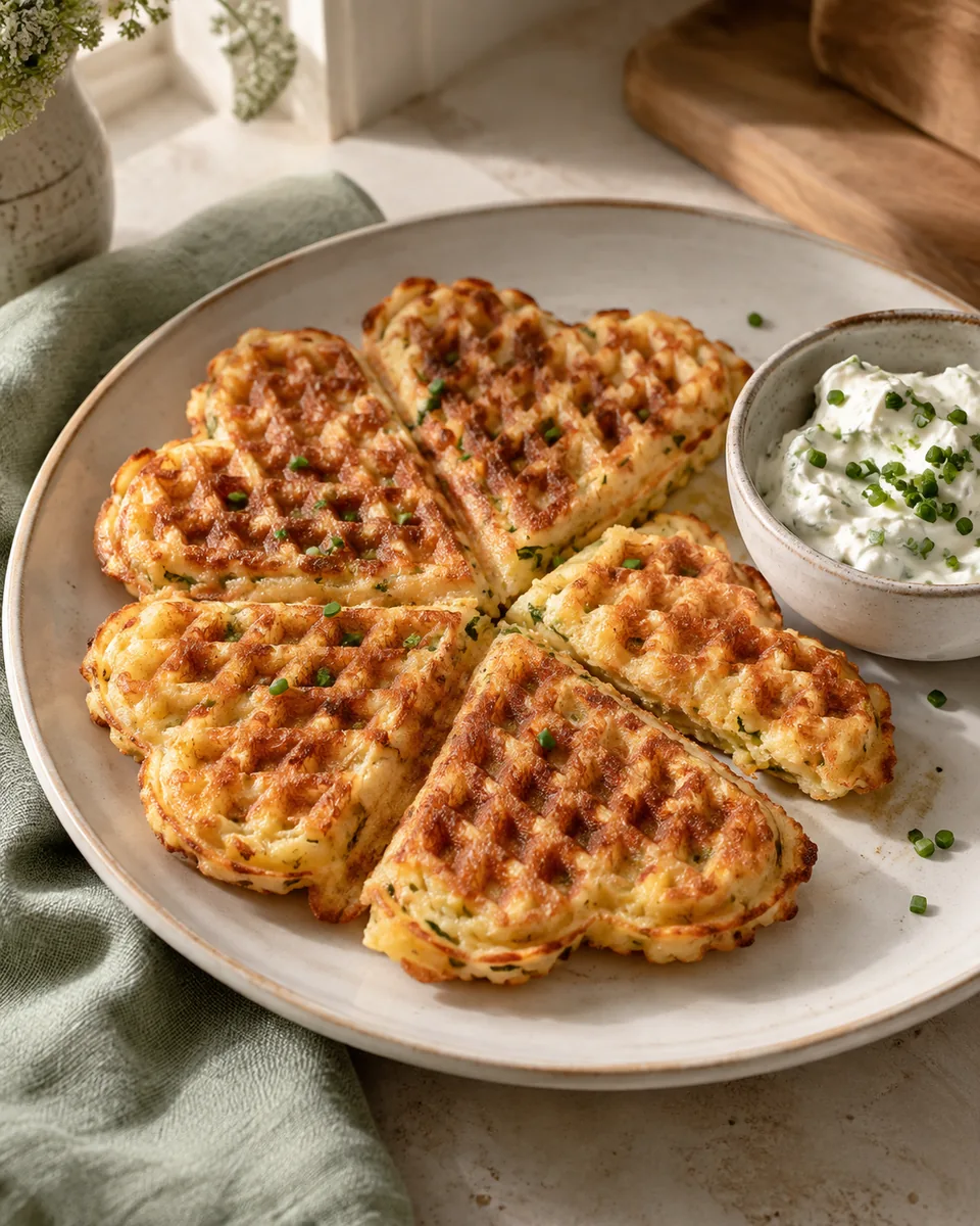Herzhafte Käsewaffeln mit Kräuterquark – appetitlich angerichtete Rezeptillustration