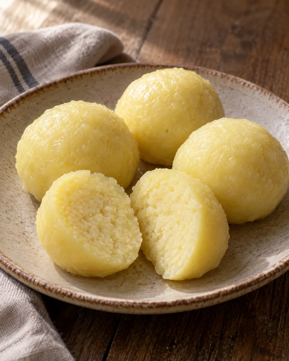 Runde helle Kartoffelknödel mit glatter Oberfläche
