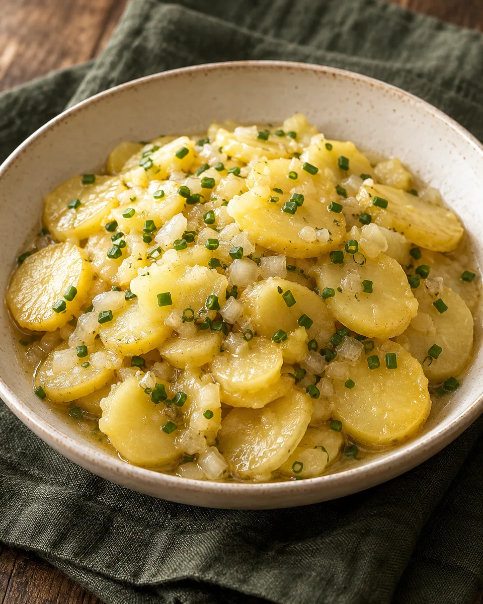 Glänzender Kartoffelsalat mit dünnen Kartoffelscheiben, Zwiebeln und Schnittlauch