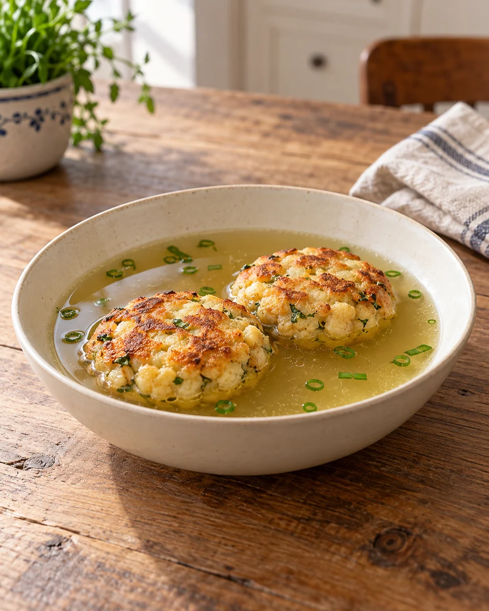 KI-generierte Rezeptdarstellung: Zwei flache goldbraune Brot-Käse-Knödel in heller Gemüsebrühe mit Schnittlauchröllchen.