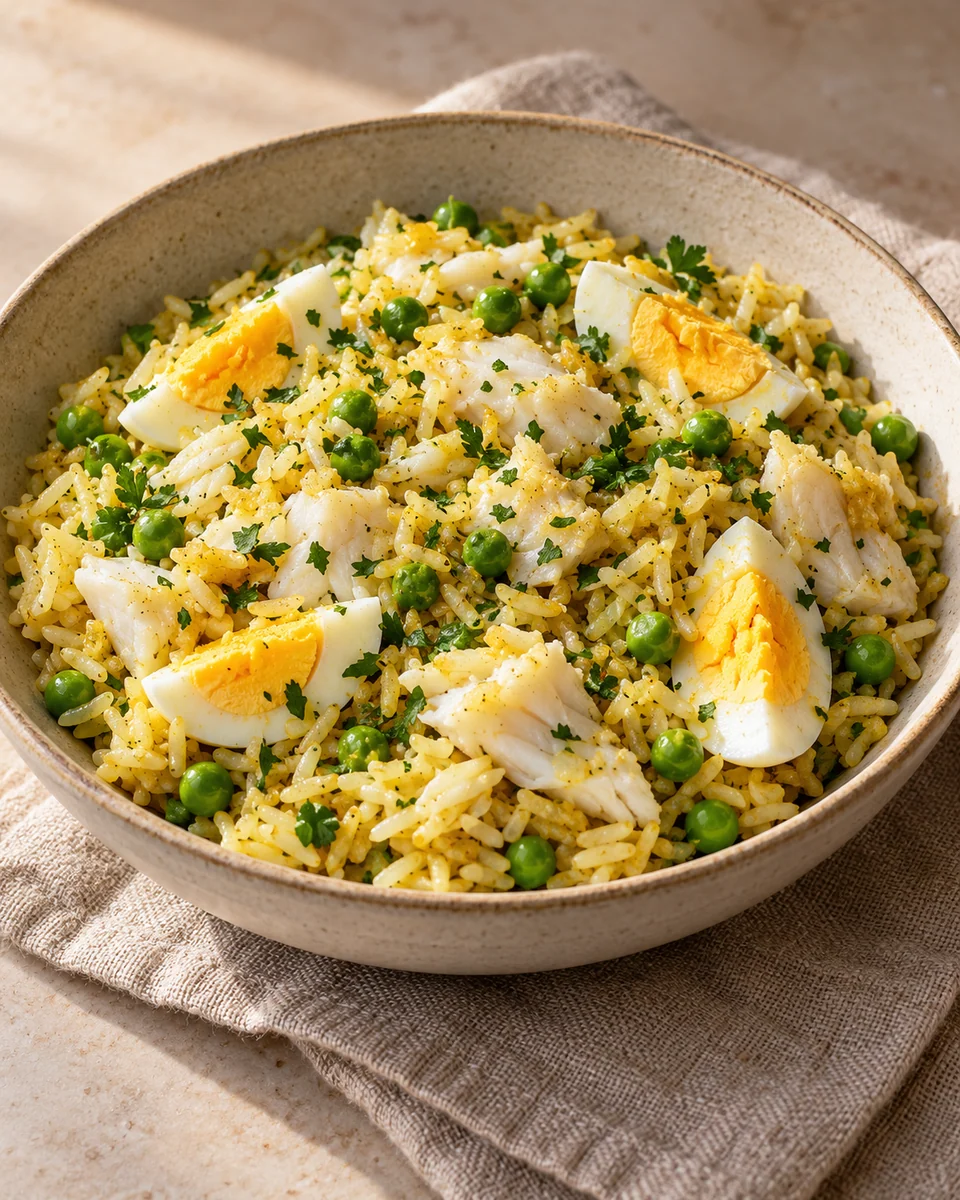 KI-generierte Darstellung: Eine vollständige Portion Kedgeree mit Gewürzreis, Schellfischlamellen, Erbsen und einem geviertelten hart gekochten Ei