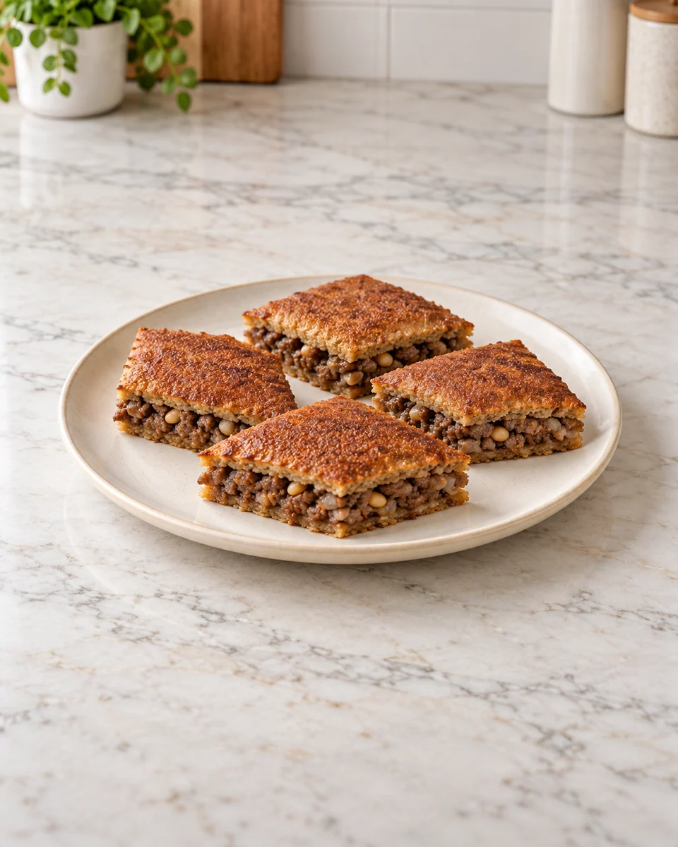 KI-generierte Rezeptdarstellung: Goldbraune Kibbeh-Rauten mit Bulgur-Hack-Schichten und sichtbarer Hack-Pinienkern-Füllung.