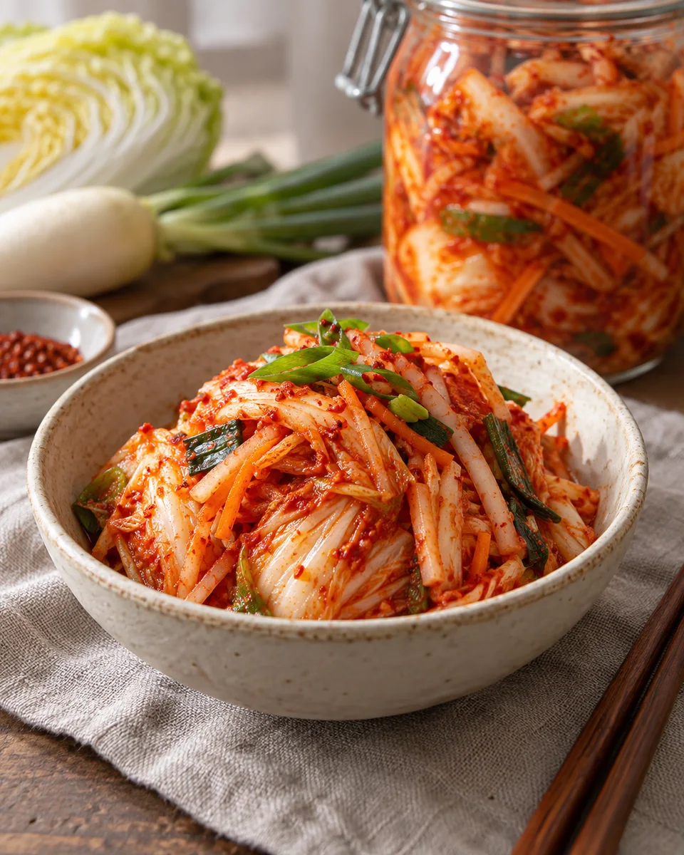Kimchi aus Chinakohl und Rettich, als fertiges Gericht angerichtet. KI-generierte Rezeptillustration.