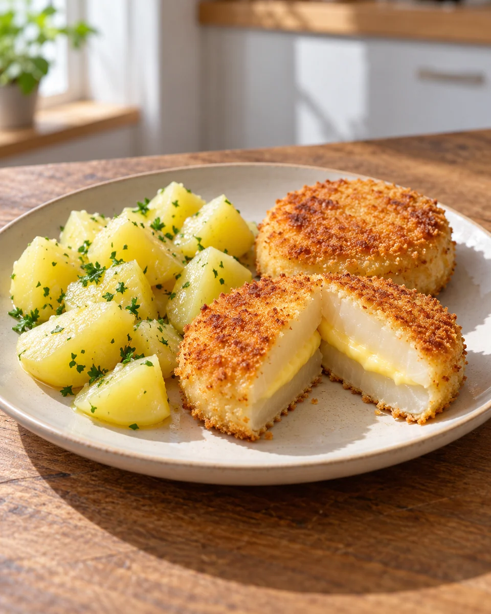 KI-generierte Rezeptdarstellung: Zwei goldbraune gefüllte Kohlrabi-Schnitzel, eines angeschnitten mit Gouda im Inneren, daneben Petersilienkartoffeln.