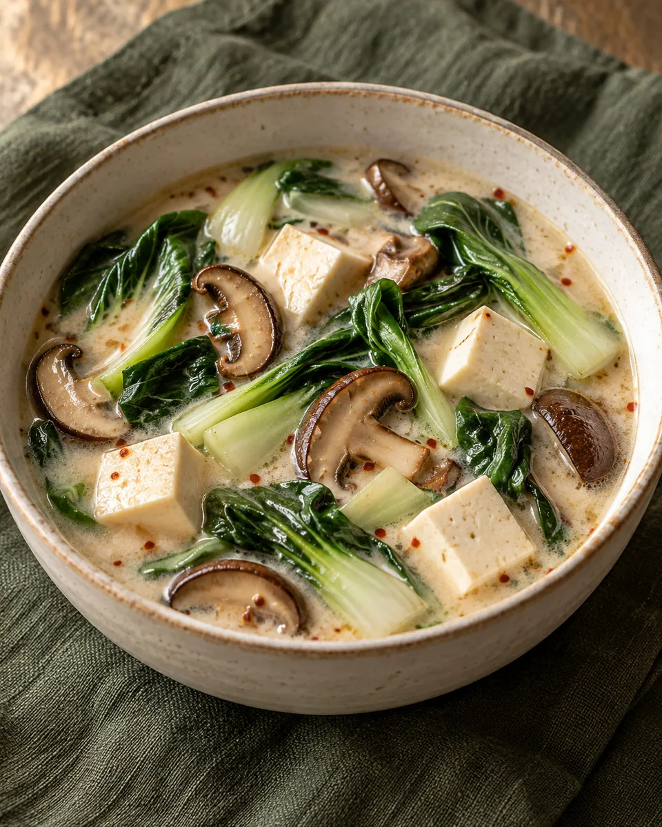 Helle Kokossuppe mit Tofuwürfeln, Pilzscheiben und Pak Choi