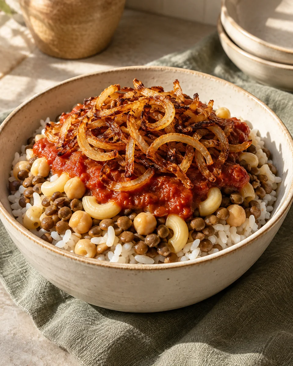 Koshari mit Linsen, Reis und knusprigen Zwiebeln – KI-generierte Rezeptillustration
