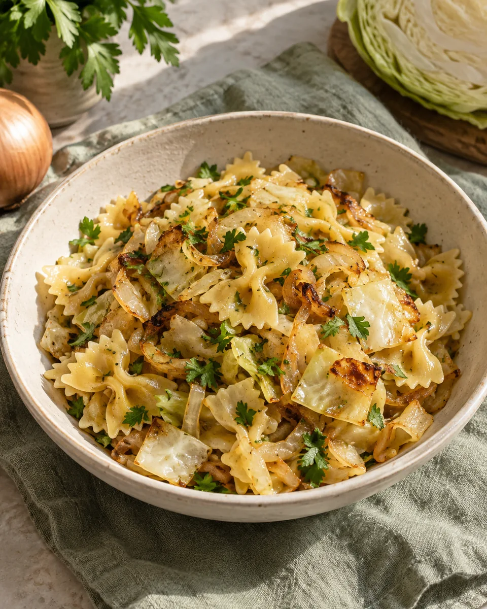 Krautfleckerl mit Weißkohl – KI-generierte Rezeptillustration