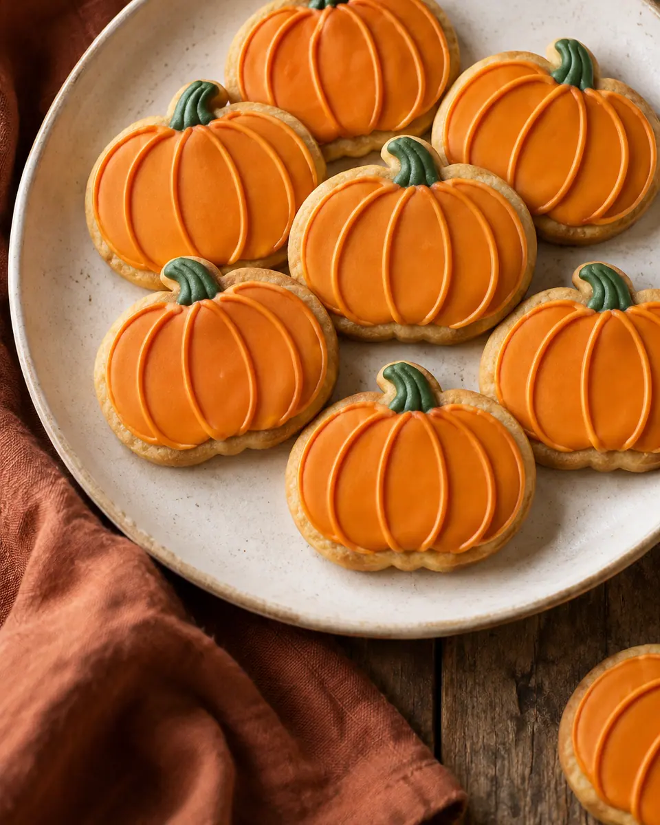 Ausgestochene Kürbiskekse mit orangem Zuckerguss, feinen Rippen und grünen Stielen