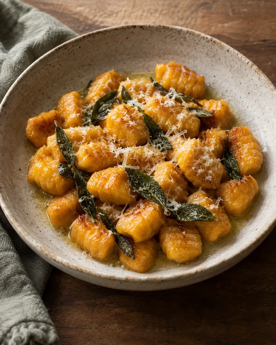 Kleine goldorange Kürbis-Gnocchi mit Salbeiblättern, Butter und wenig geriebenem Parmesan