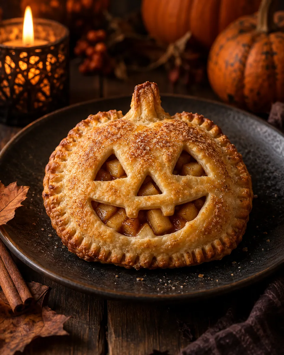 Goldene Mürbeteig-Hand-Pies in Kürbisform mit eingeschnittenen Gesichtern und Apfel-Zimt-Füllung