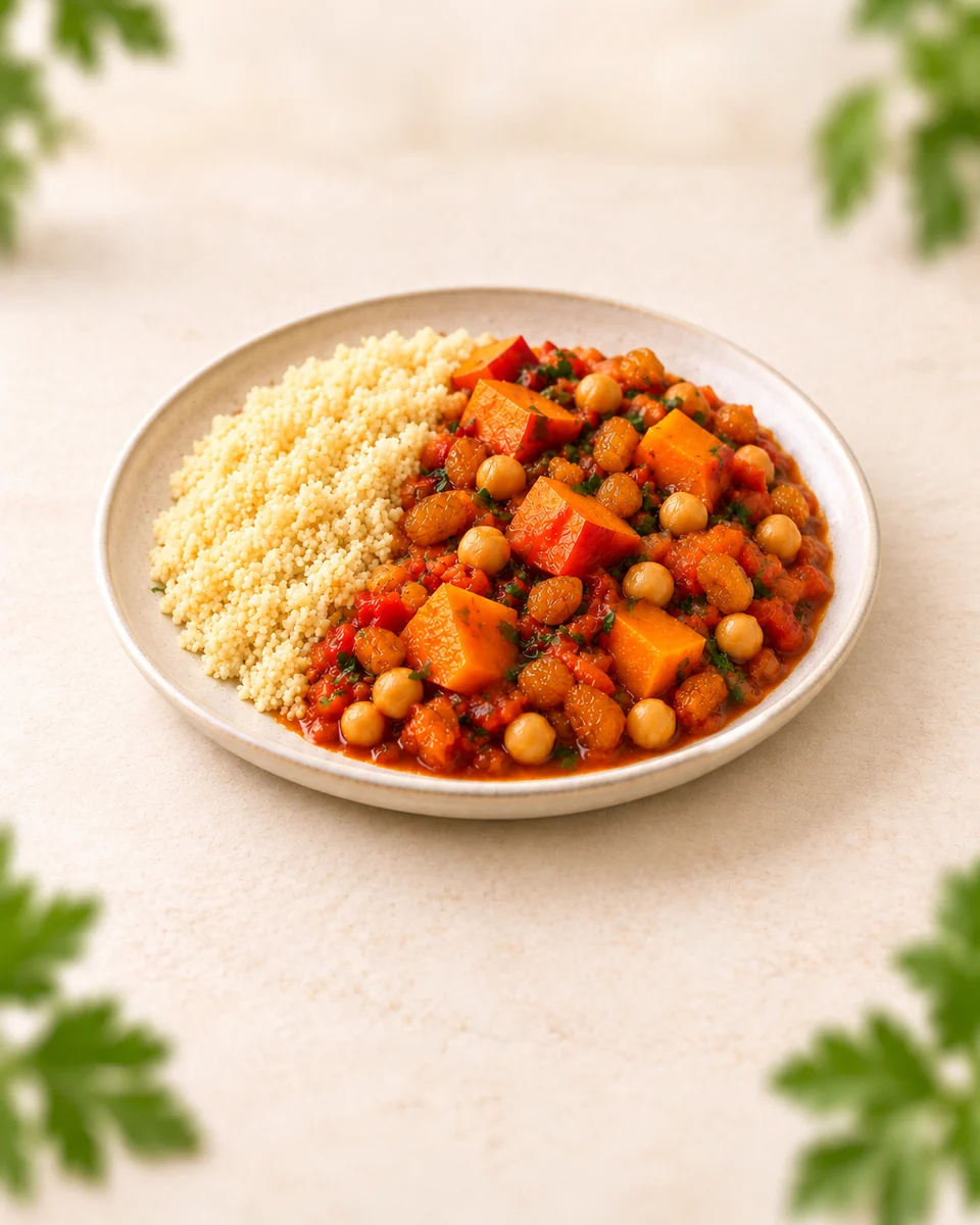KI-generierte Darstellung: Hokkaido und Kichererbsen mit Aprikosen in würziger Tomatensauce neben Couscous.