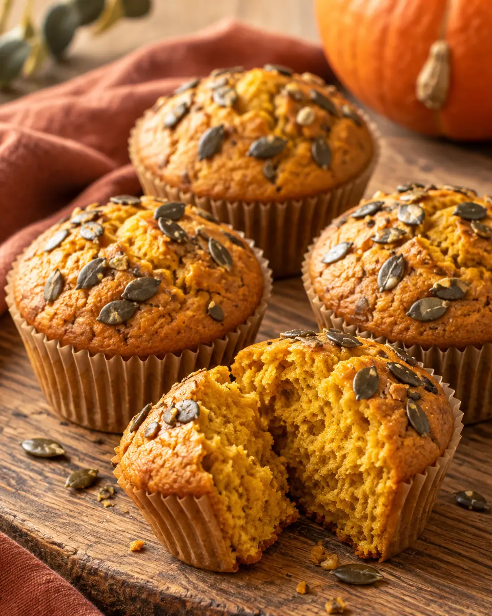 Goldorange Kürbismuffins mit gewölbter Oberfläche und grünen Kürbiskernen
