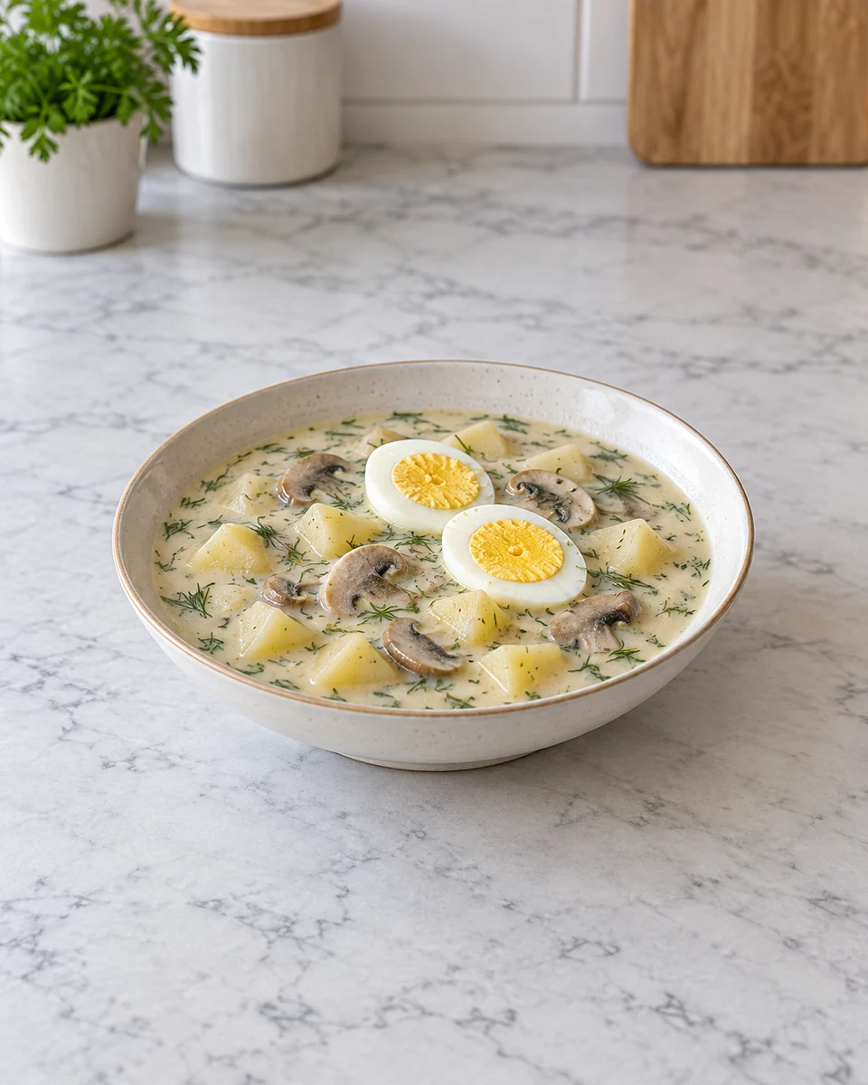 KI-generierte Rezeptdarstellung: Cremige Kulajda mit Kartoffelwürfeln, Champignons, Dill und hart gekochtem Ei.