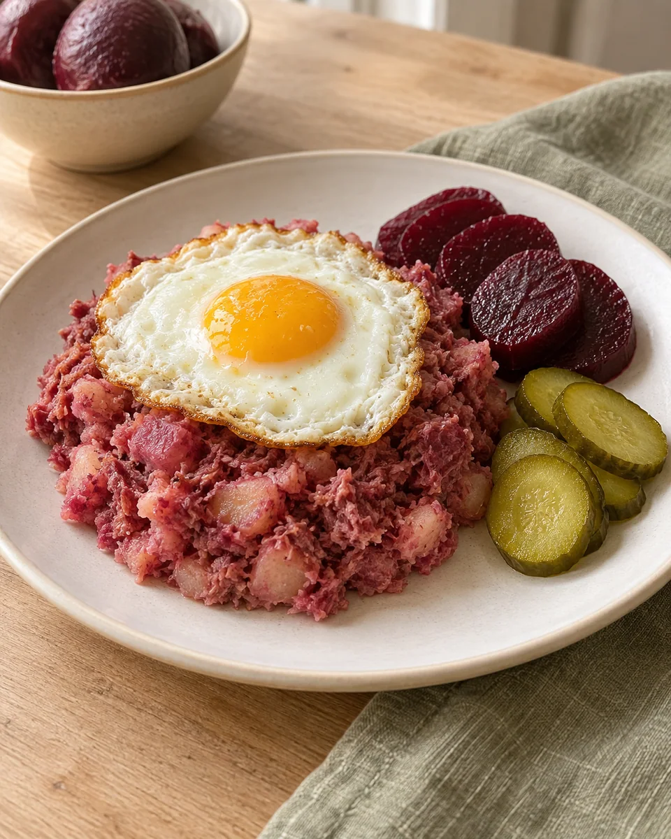 Labskaus mit Spiegelei und Roter Bete – KI-generierte Rezeptillustration