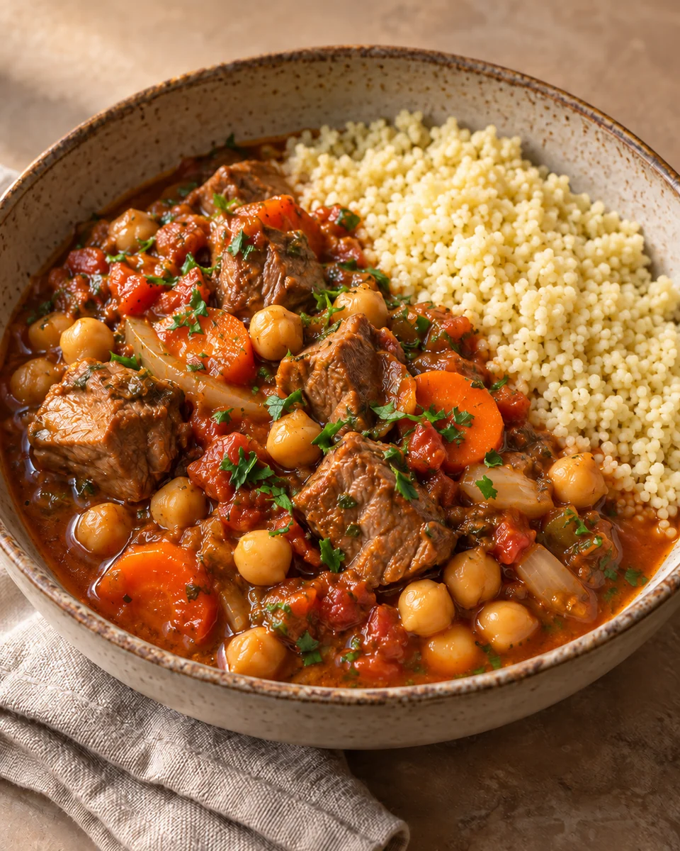 KI-generierte Darstellung: Eine vollständige Portion Lamm-Kichererbsen-Eintopf mit Möhren, Tomatensauce, Petersilie und Couscous
