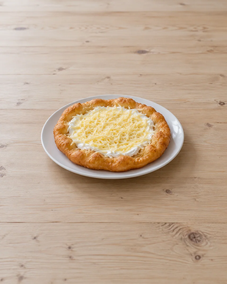 KI-generierte Rezeptdarstellung: Ein runder goldbrauner Lángos mit sichtbar luftigem dickem Rand, dünner Mitte, weißer Knoblauchcreme und geriebenem hellgelbem Gouda; keine Kräuter oder weiteren Beläge.