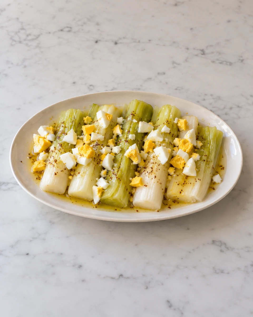 KI-generierte Rezeptdarstellung: Lange gegarte Lauchstücke mit Senf-Vinaigrette und grob gehacktem hart gekochtem Ei auf einer Platte.