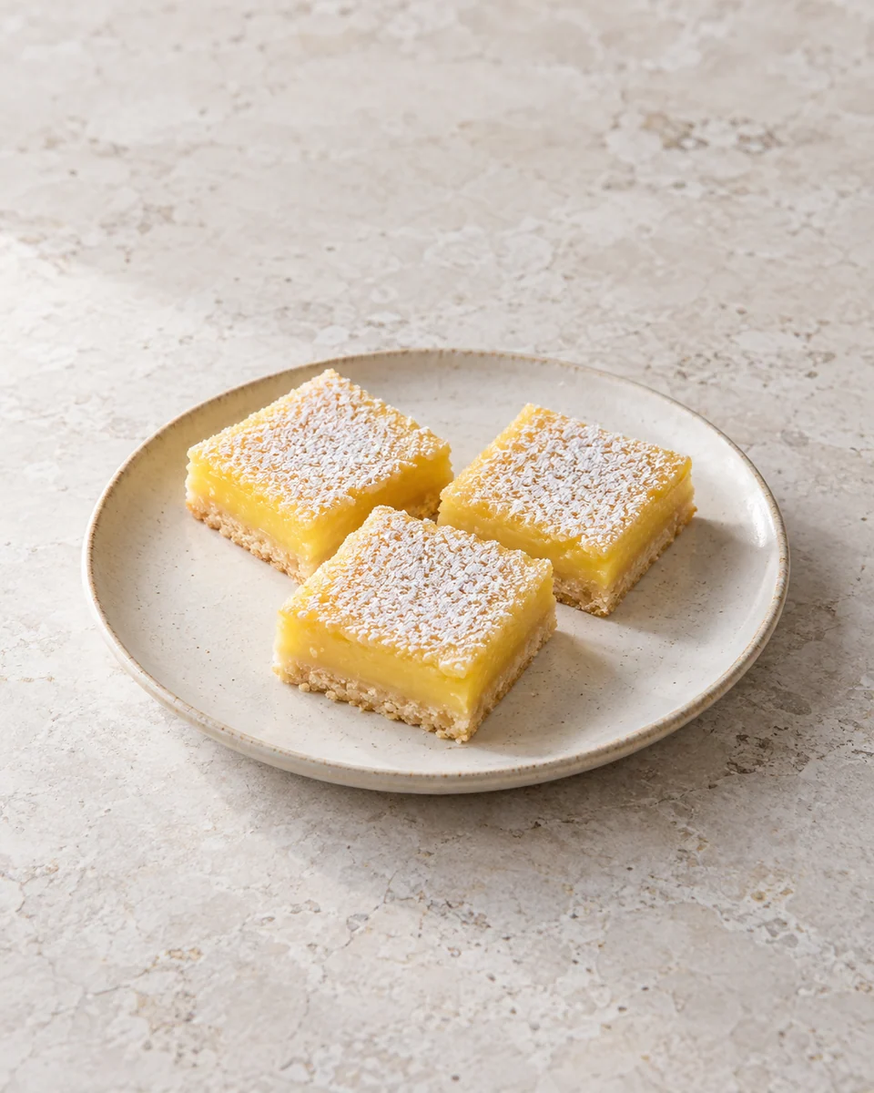 KI-generierte Darstellung kalt geschnittener Lemon Bars mit gelber Zitronenfüllung und dünner Puderzuckerauflage
