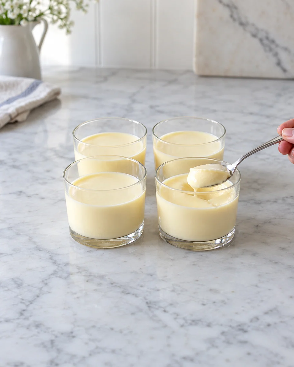 Cremig festes Lemon Posset in einem kleinen Glas, ohne zusätzliche Auflage
