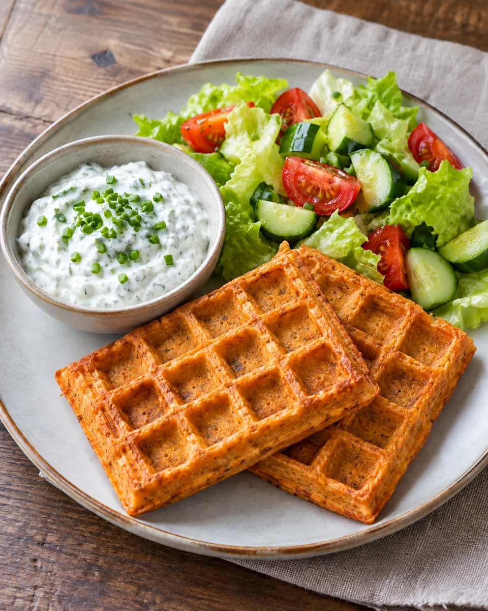 KI-generierte Darstellung: Zwei rechteckige goldbraune Linsenwaffeln mit Kräuter-Skyr und Tomaten-Gurken-Blattsalat.