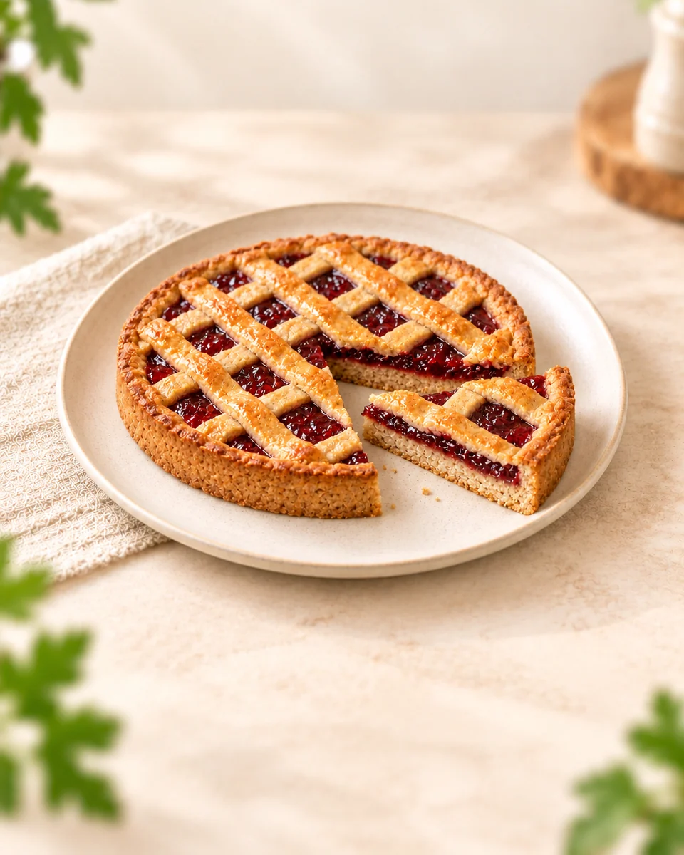 KI-generierte Darstellung einer Linzer Torte mit braunem Haselnuss-Teiggitter über roter Konfitüre.
