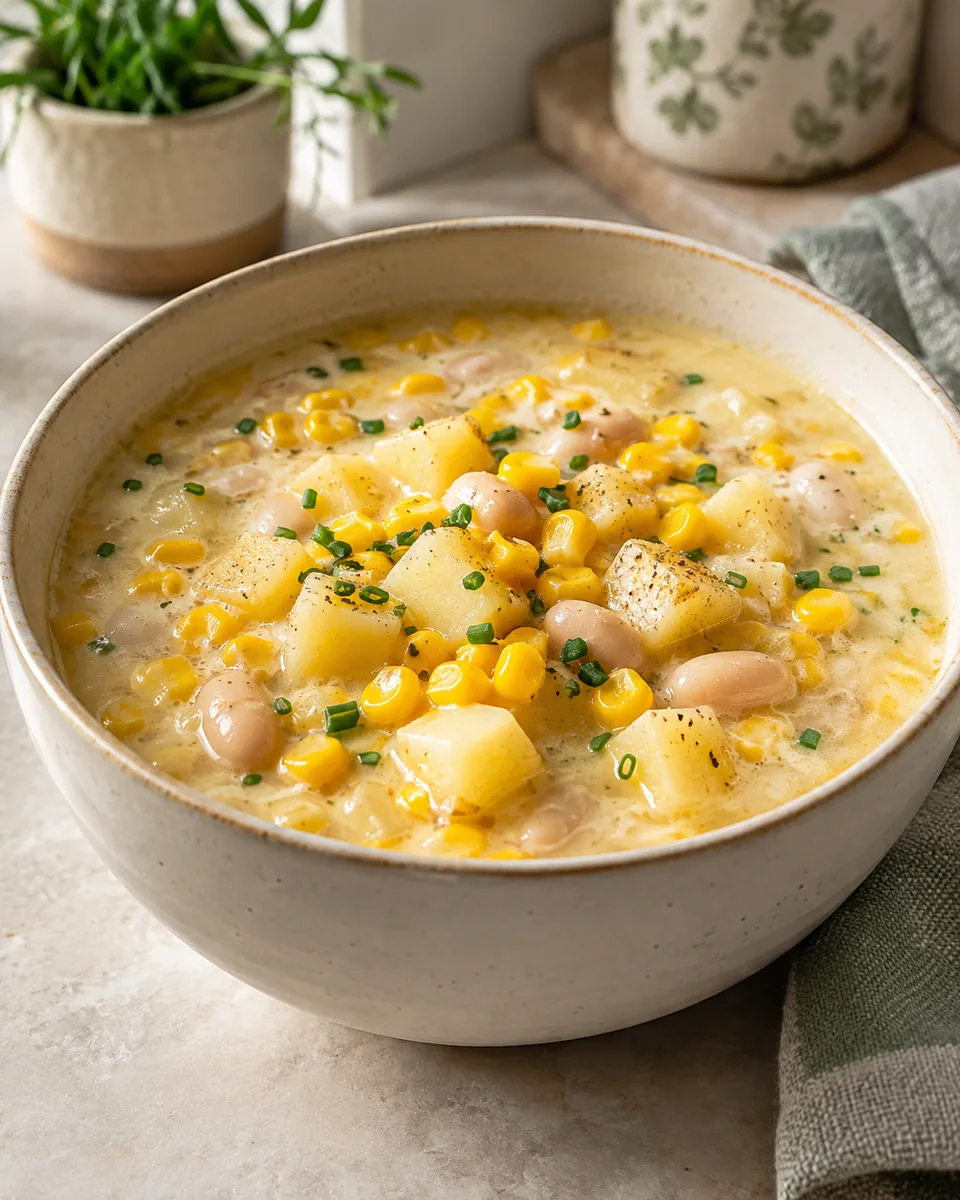 Mais-Kartoffel-Chowder mit weißen Bohnen – KI-generierte Rezeptillustration