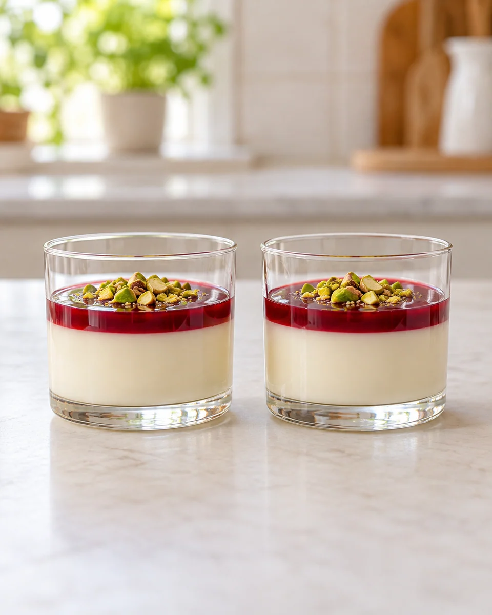 KI-generierte Darstellung: heller Rosenpudding mit roter Granatapfelsauce und gehackten Pistazien