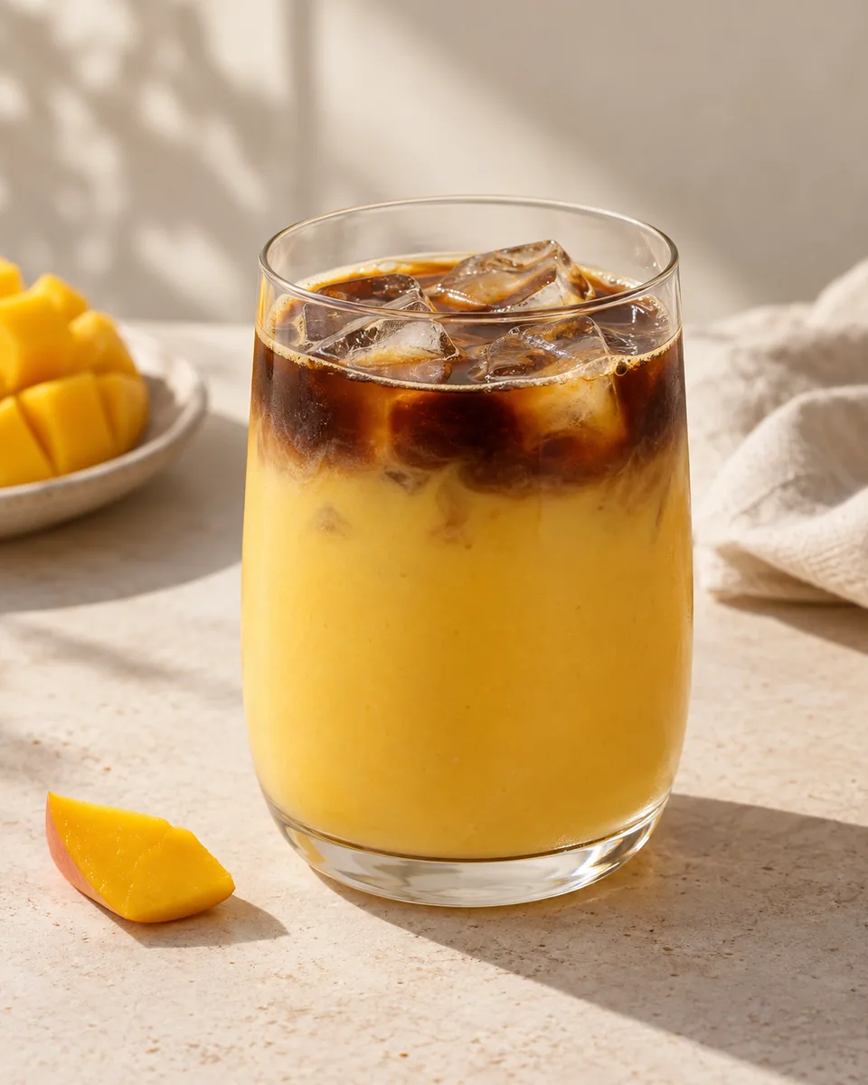 Mango-Kokos-Eiskaffee frisch angerichtet nach dem Rezept