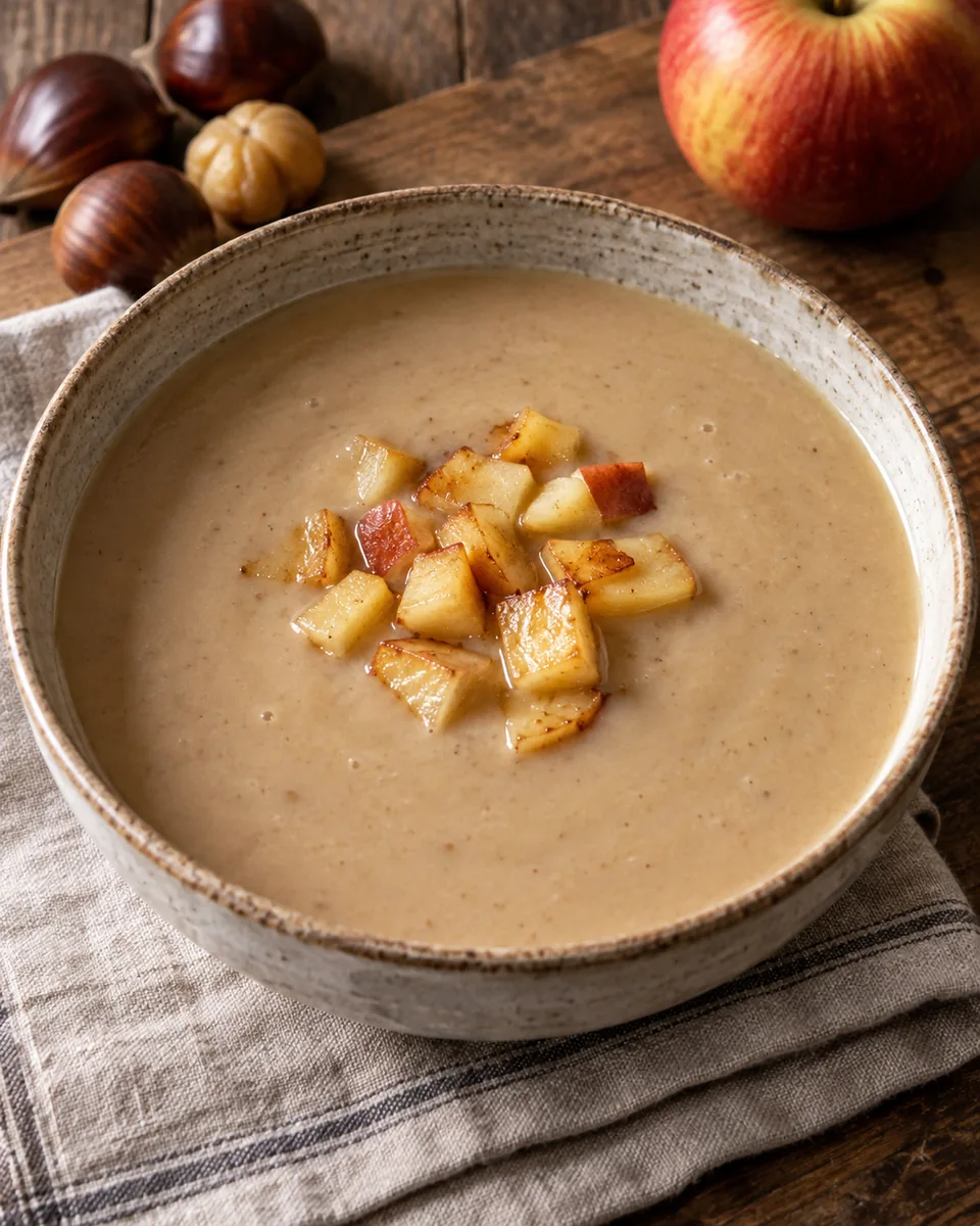 Samtige hellbraune Maronensuppe mit kleinen gebratenen Apfelwürfeln in einer Schale