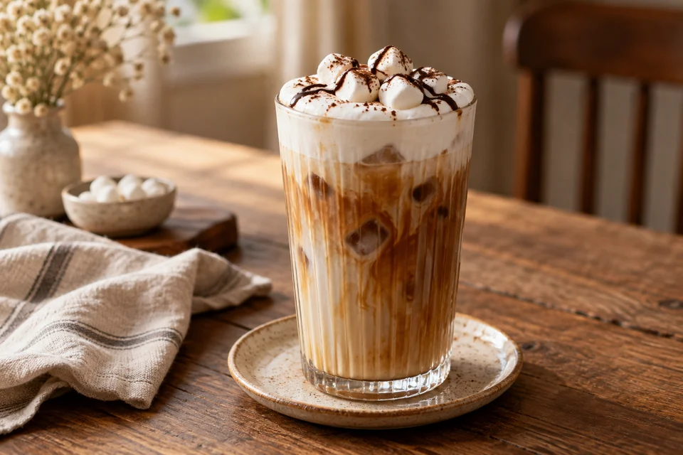 Iced Coffee mit weichem Marshmallow Cold Foam, Mini-Marshmallows und feinen Schokoladenlinien