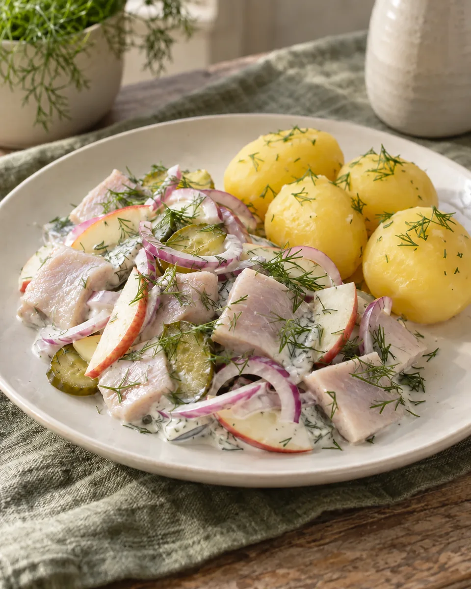 Matjes Hausfrauenart mit Kartoffeln – KI-generierte Rezeptillustration