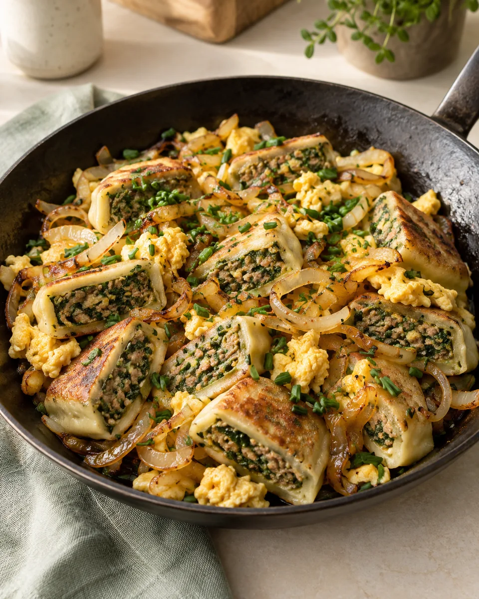 Maultaschen-Pfanne mit Ei und Zwiebeln – appetitlich angerichtete Rezeptillustration