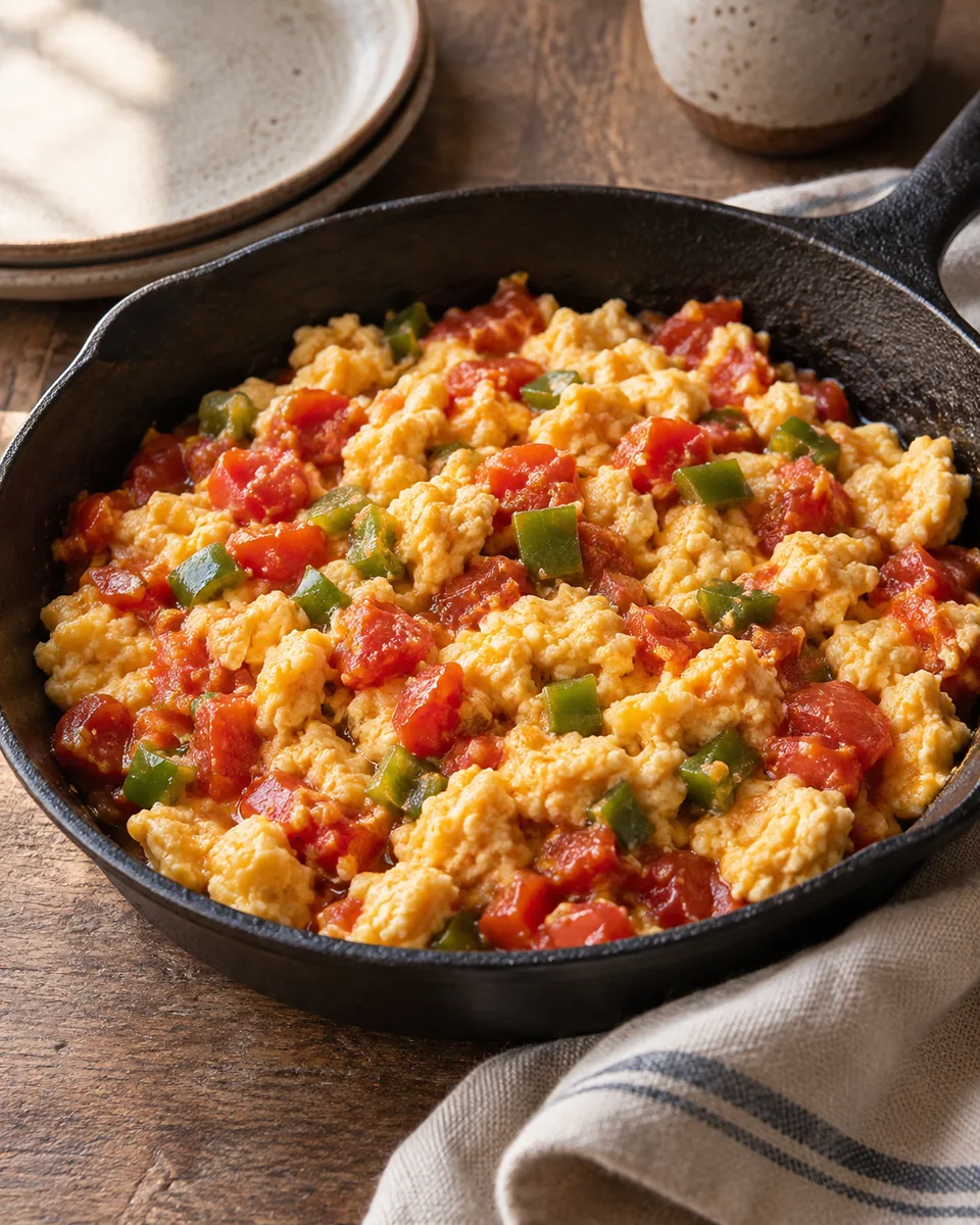 Menemen mit gestockten Eiern, roten Tomaten und grünen Paprikastücken