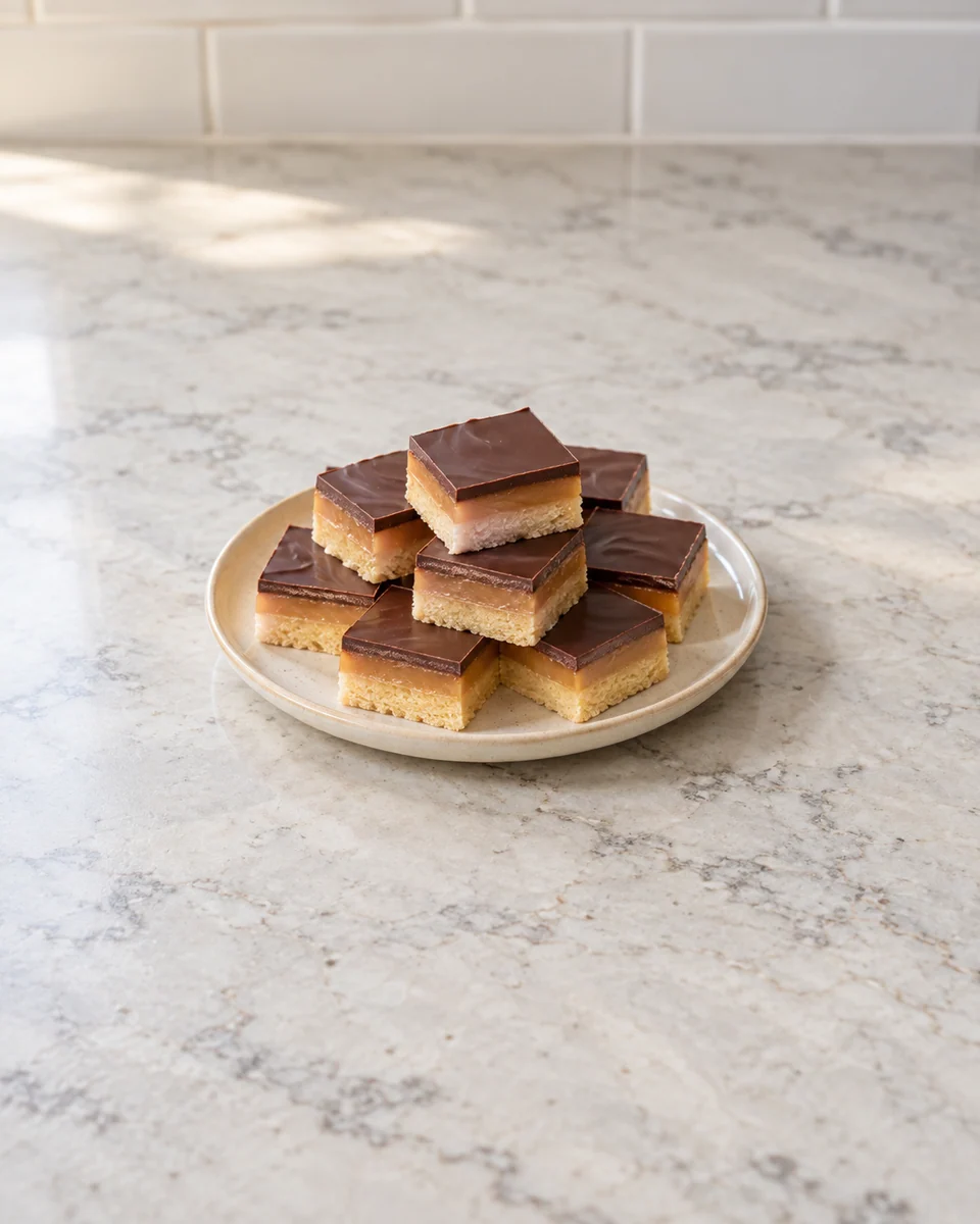 KI-generierte Darstellung: kleine Shortbread-Quadrate mit Karamell- und Schokoladenschicht