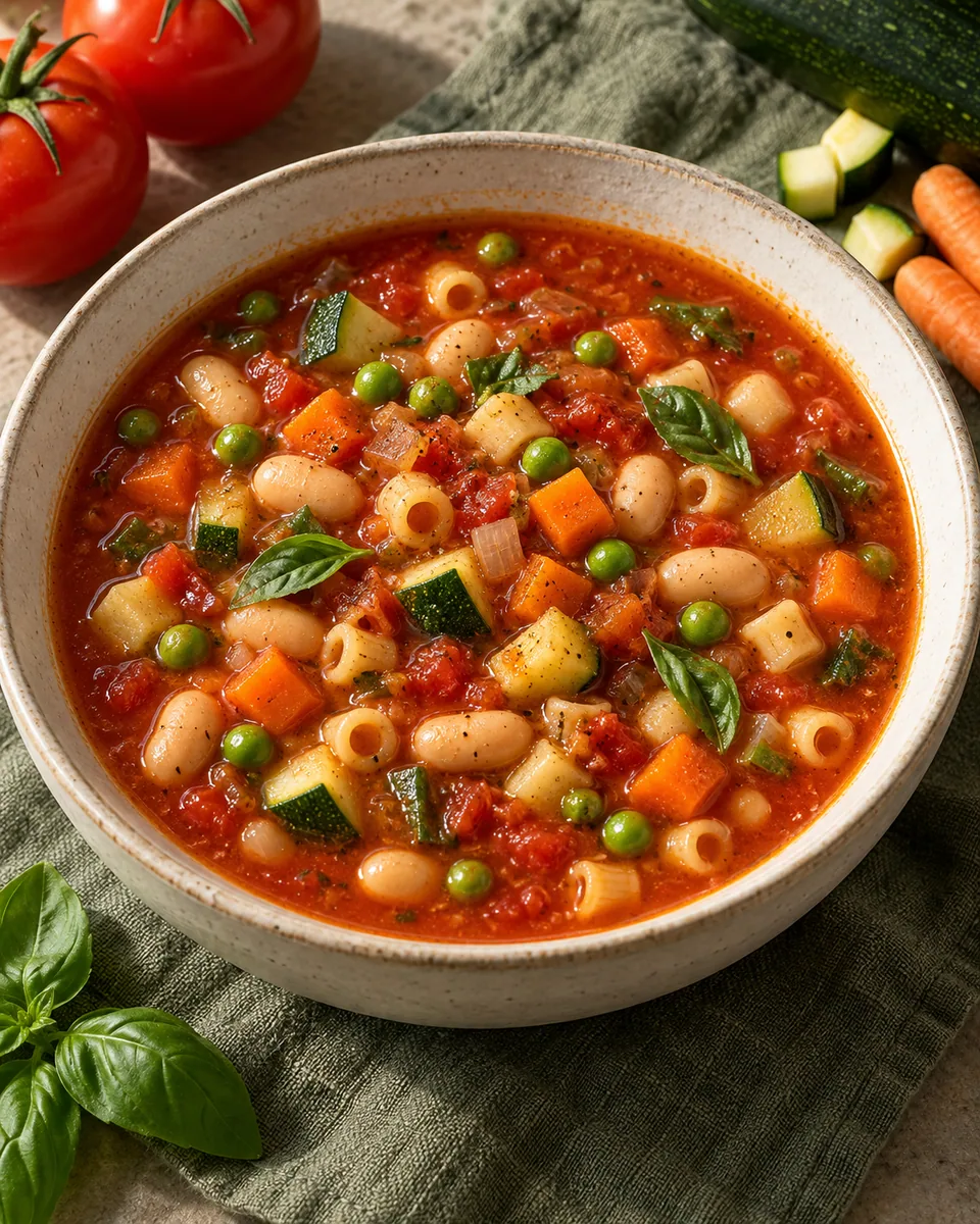 Minestrone mit weißen Bohnen, Zucchini, Möhren, Erbsen und kleinen Nudeln