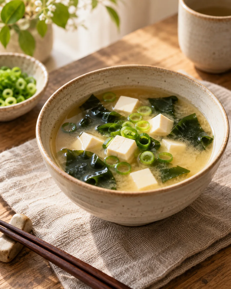 Miso-Suppe mit Tofu und Wakame, als fertiges Gericht angerichtet. KI-generierte Rezeptillustration.